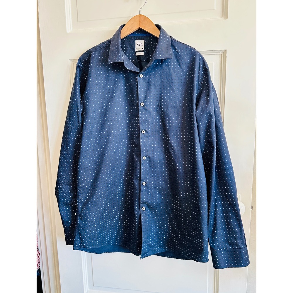 Zara Man Slim Fit Navy Blue Geometric Triangle Print Button Down Shirt XL
